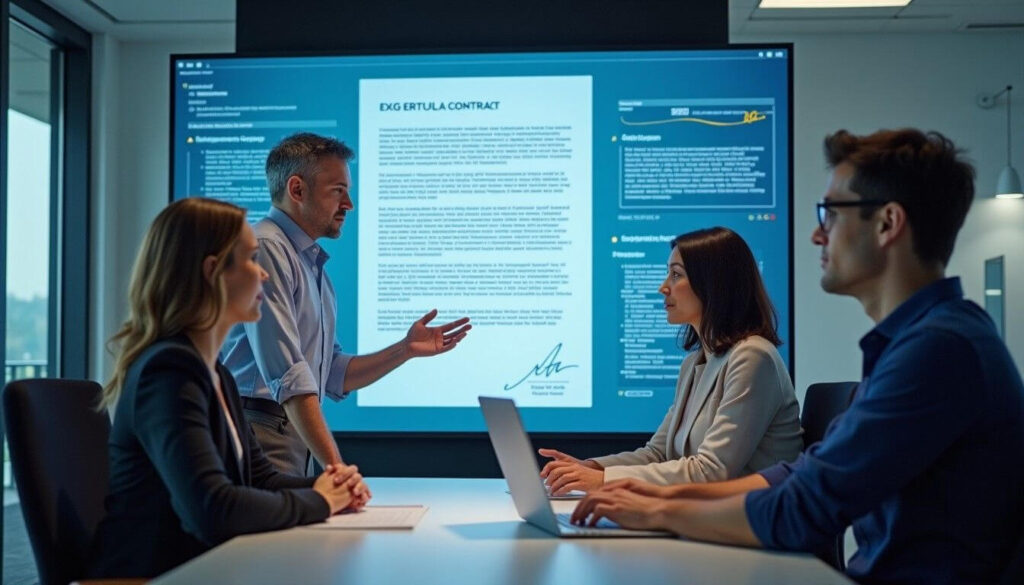 A diverse team in a high-tech office reviews a digitally signed contract, illustrating the shift from postal rules to electronic transactions under contract law artwork