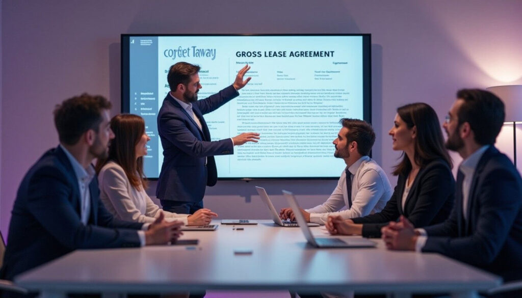 A diverse team in a modern office reviews a gross lease agreement on a digital screen, discussing key lease terms artwork