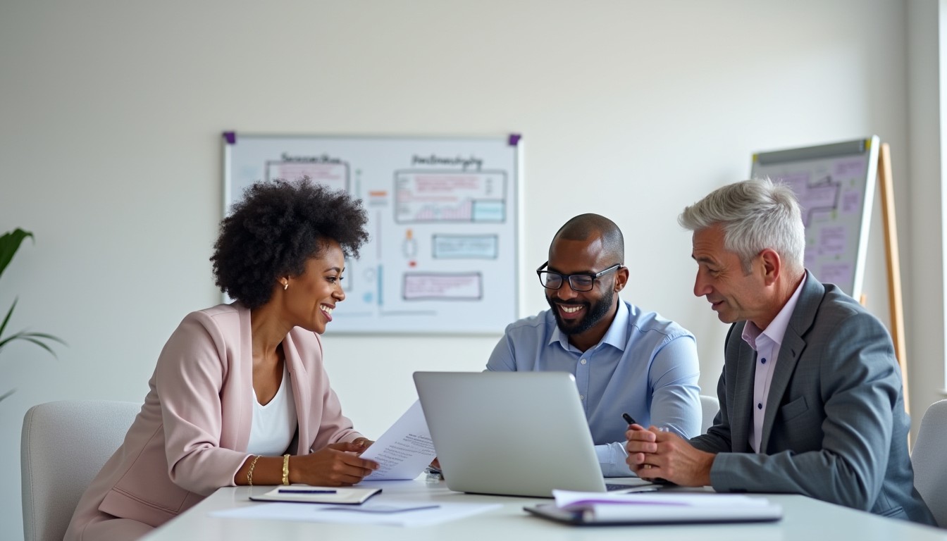 A diverse group of professionals in a modern office discussing a partnership agreement, reviewing documents, and planning business operations.