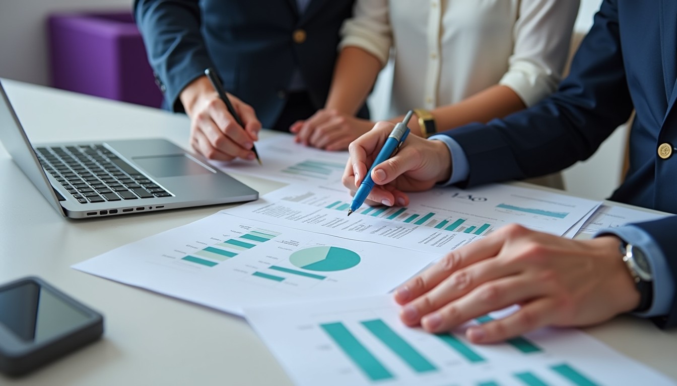 Two business partners reviewing tax obligations and financial reports at a clean, modern desk with a laptop and accounting documents.