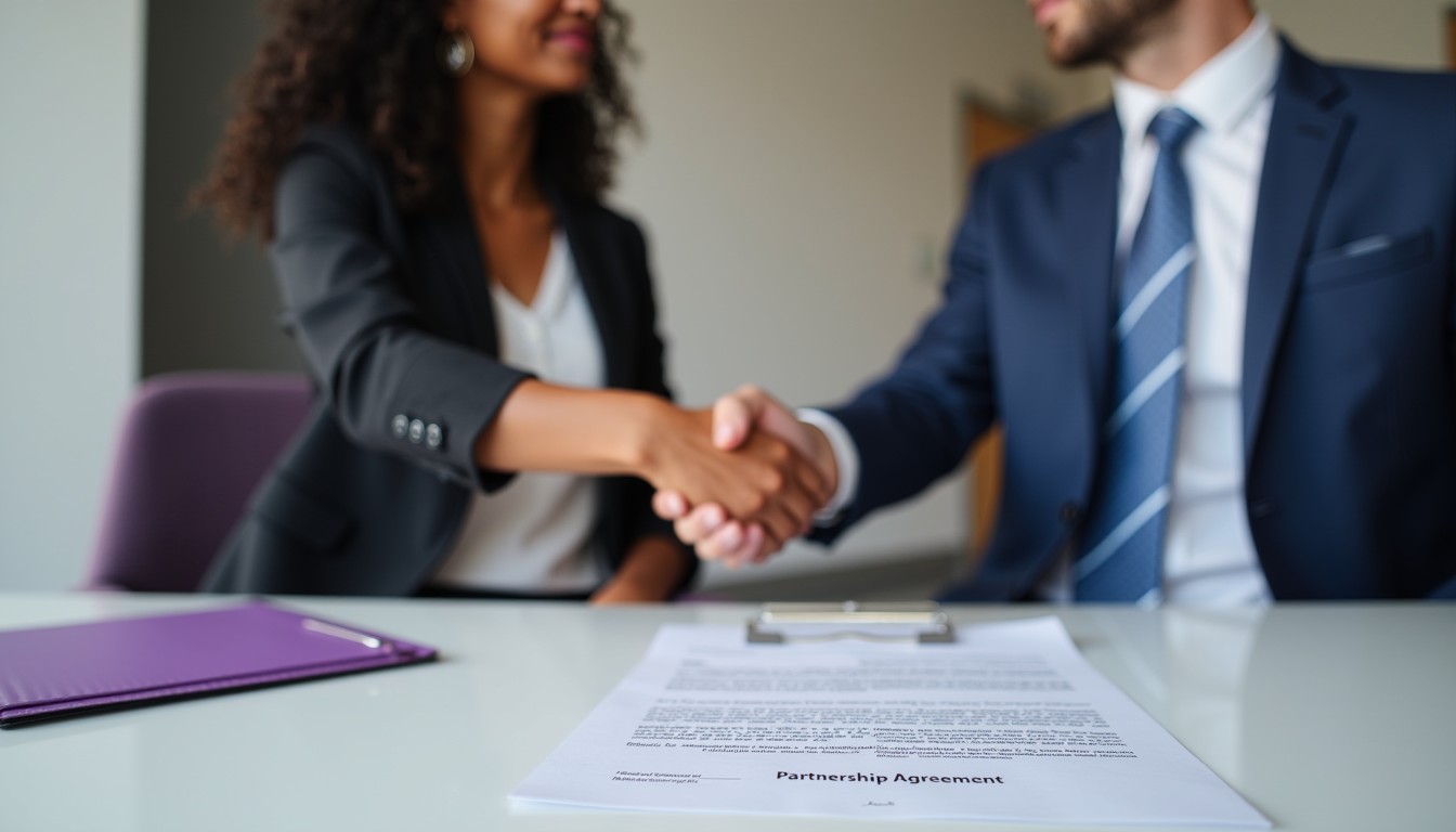 Two business partners shaking hands after signing a partnership agreement in a modern office, with a contract visible on the desk.