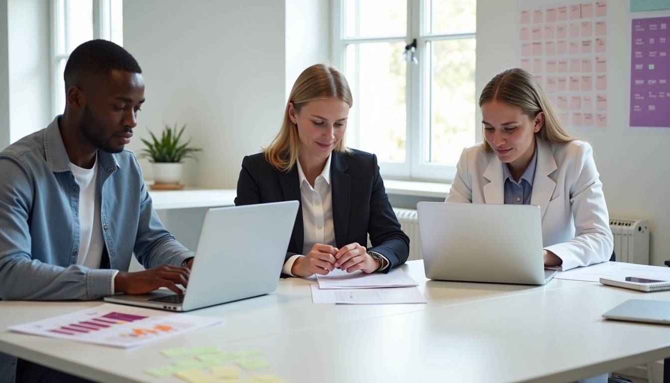 Three professionals from different industries review tiered cancellation fee tables in a clean, open-plan office. This image supports the blog’s guidance on notice periods and fee structure best practices.