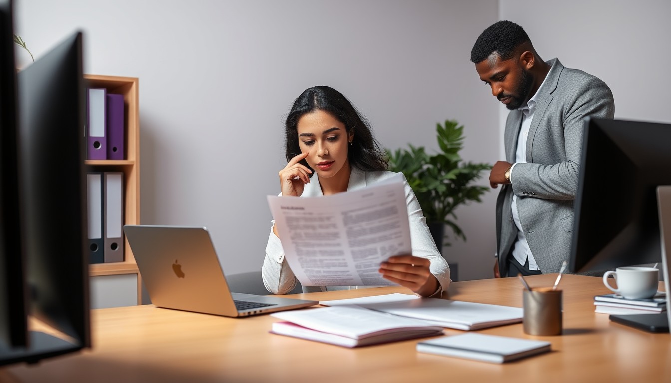 A diverse, professional woman handing a resignation letter to a white man in an office. The scene reflects the importance of handling a resignation respectfully, as discussed in the blog section about quitting without notice and how to do so professionally. The environment is sleek and minimal, with subtle purple hues.
