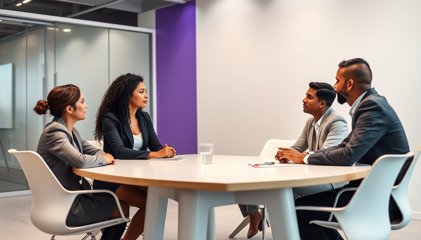 A professional woman reading a contract at her organized desk, with a man of colour standing nearby. This scene reflects the section of the blog about understanding notice requirements when quitting without notice, focusing on legal obligations and professionalism in a clean, minimalist office environment.