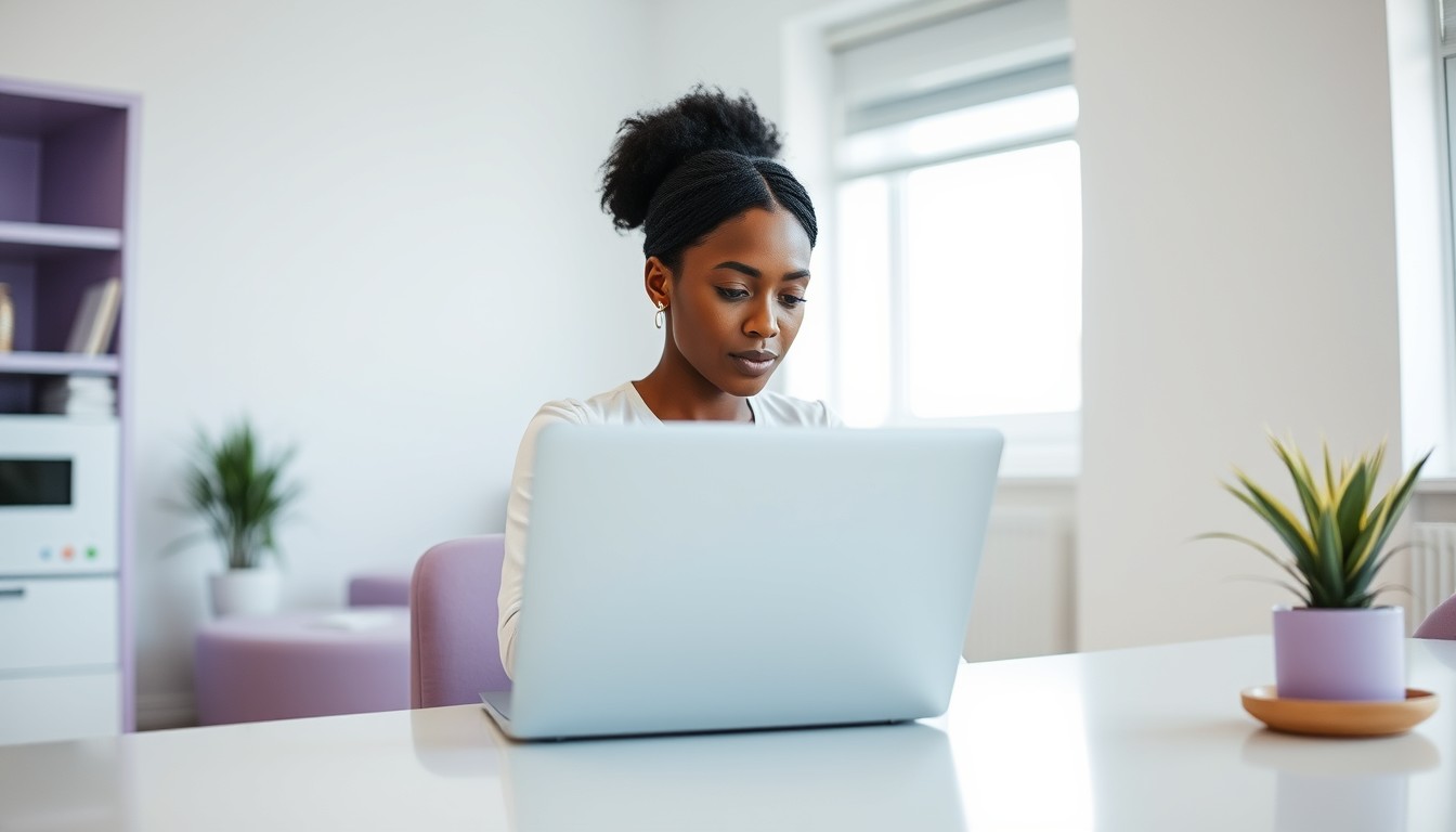 A woman of colour in a modern office, reviewing a business plan on her laptop for her vending machine business. The setting is minimalist, with financial projections and product lists visible on the screen, surrounded by a clean, polished environment.