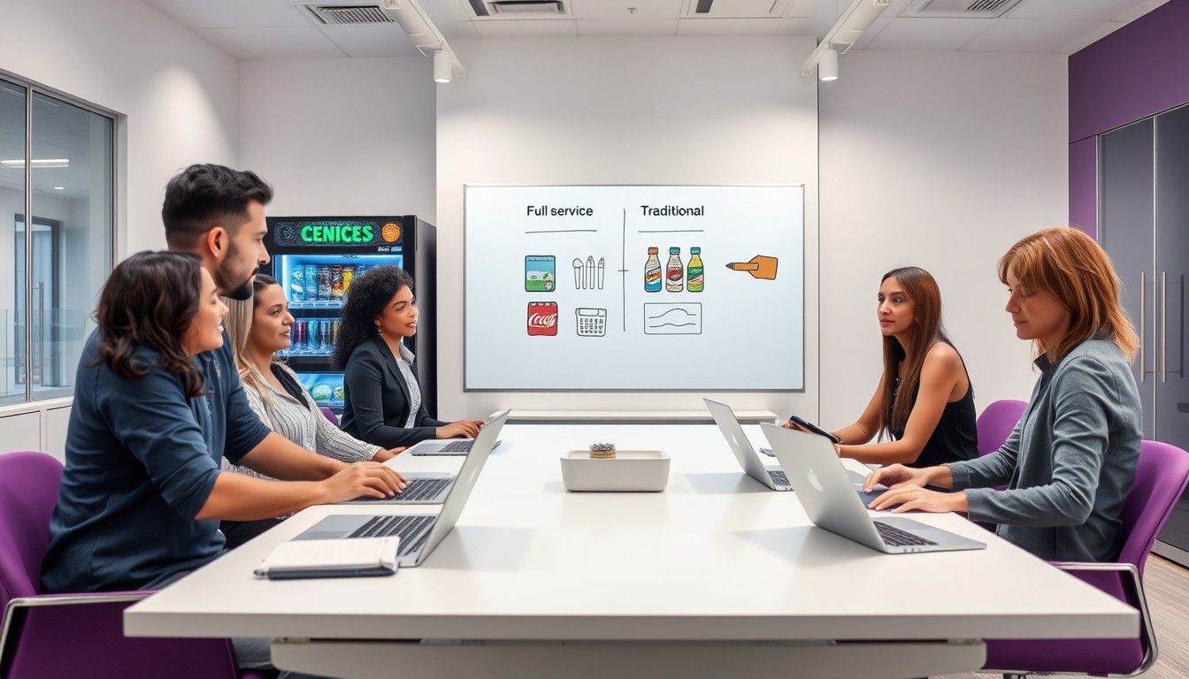 A diverse group of professionals in a modern office setting, discussing vending machine business models on a whiteboard. The scene includes a mix of men and women from various ethnic backgrounds, with visual representations of full-service, traditional, and specialty vending on the screen.
