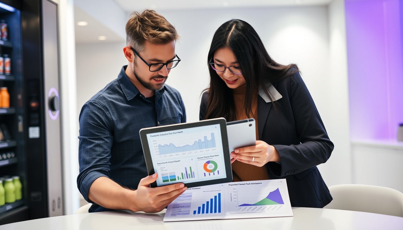 A white man and an Asian woman in a modern office, reviewing vending machine sales data on a tablet. The focus is on analyzing performance metrics such as product selection and location impact, set in a clean, minimalist environment with soft purple accents.
