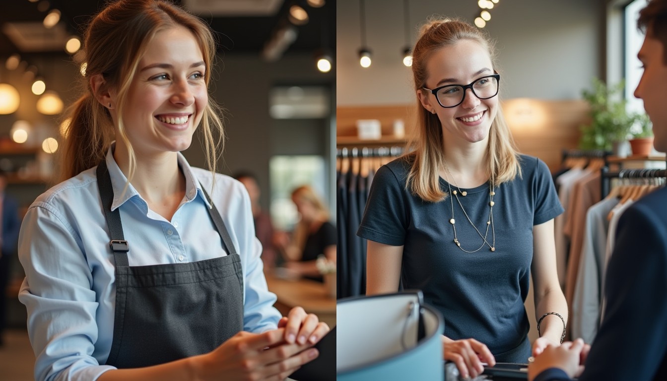 A split-screen image showing a young apprentice in a hospitality setting under supervision and a young worker assisting a customer in a retail store.