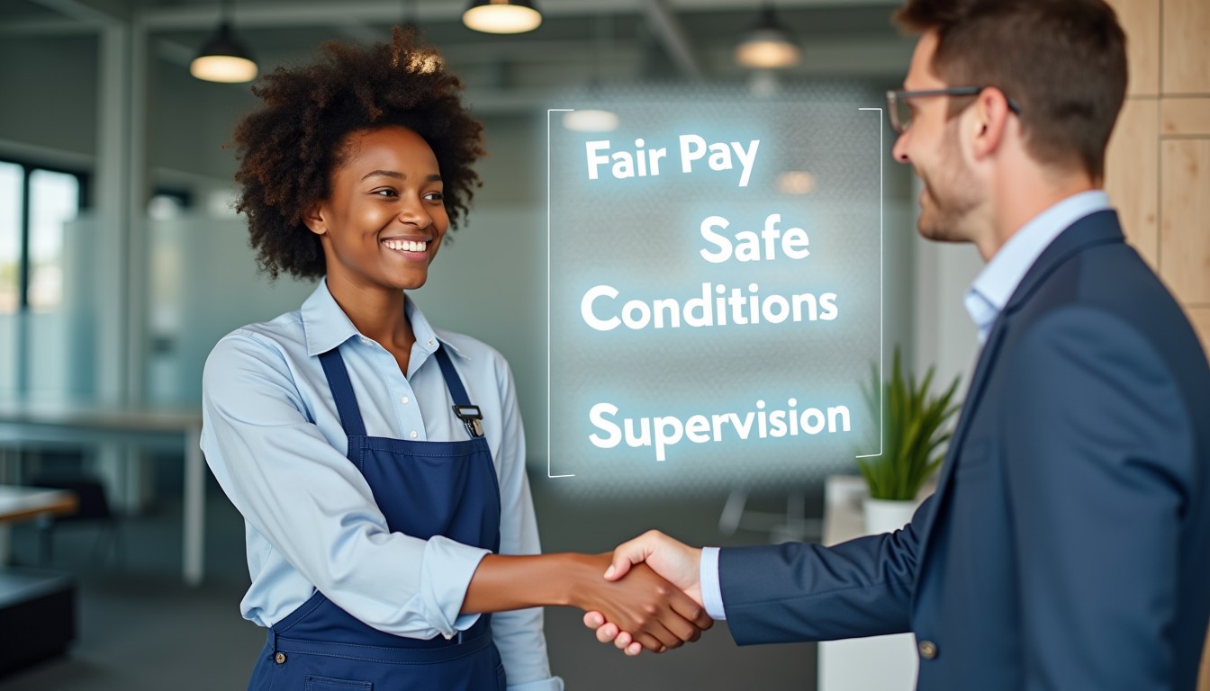 A young worker shaking hands with an employer in a modern office. An overlay highlights employment protections like fair pay, safe conditions, and supervision.