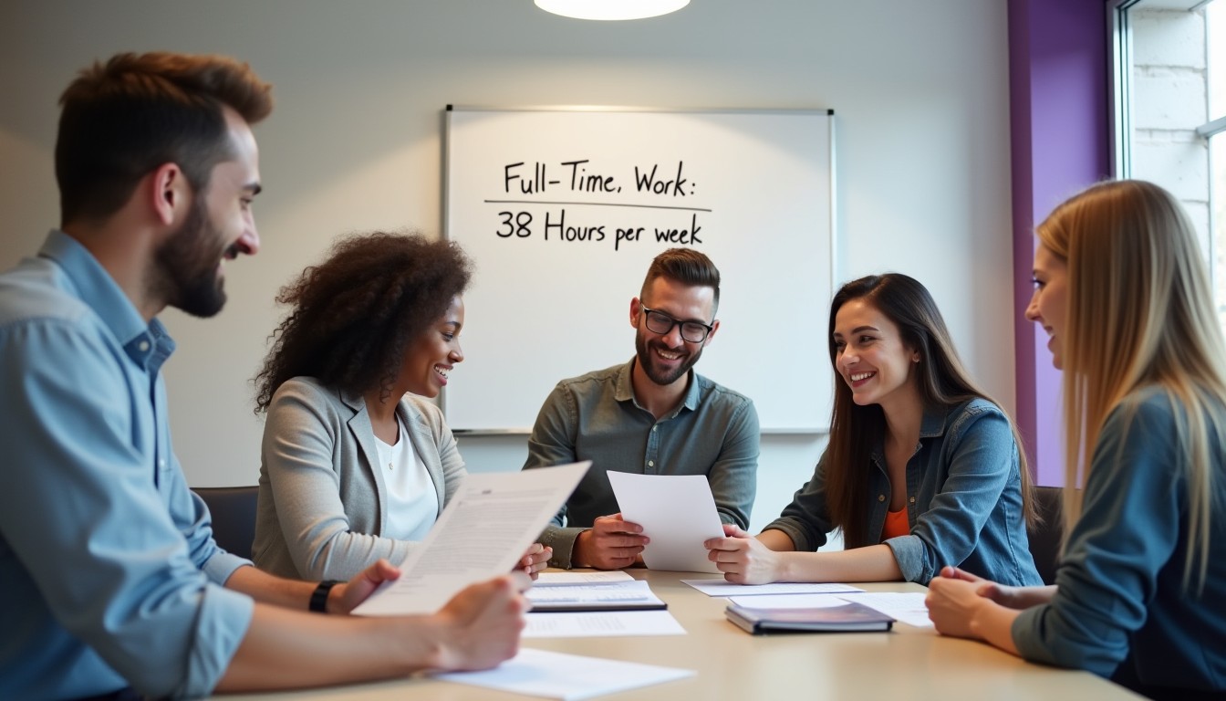 A group of diverse young professionals in a modern office reviewing an employment contract. A whiteboard in the background highlights full-time work requirements.