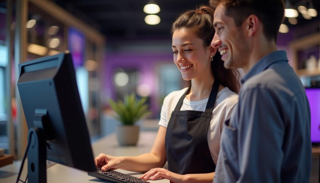 Retail manager demonstrating point-of-sale system during a trial shift artwork