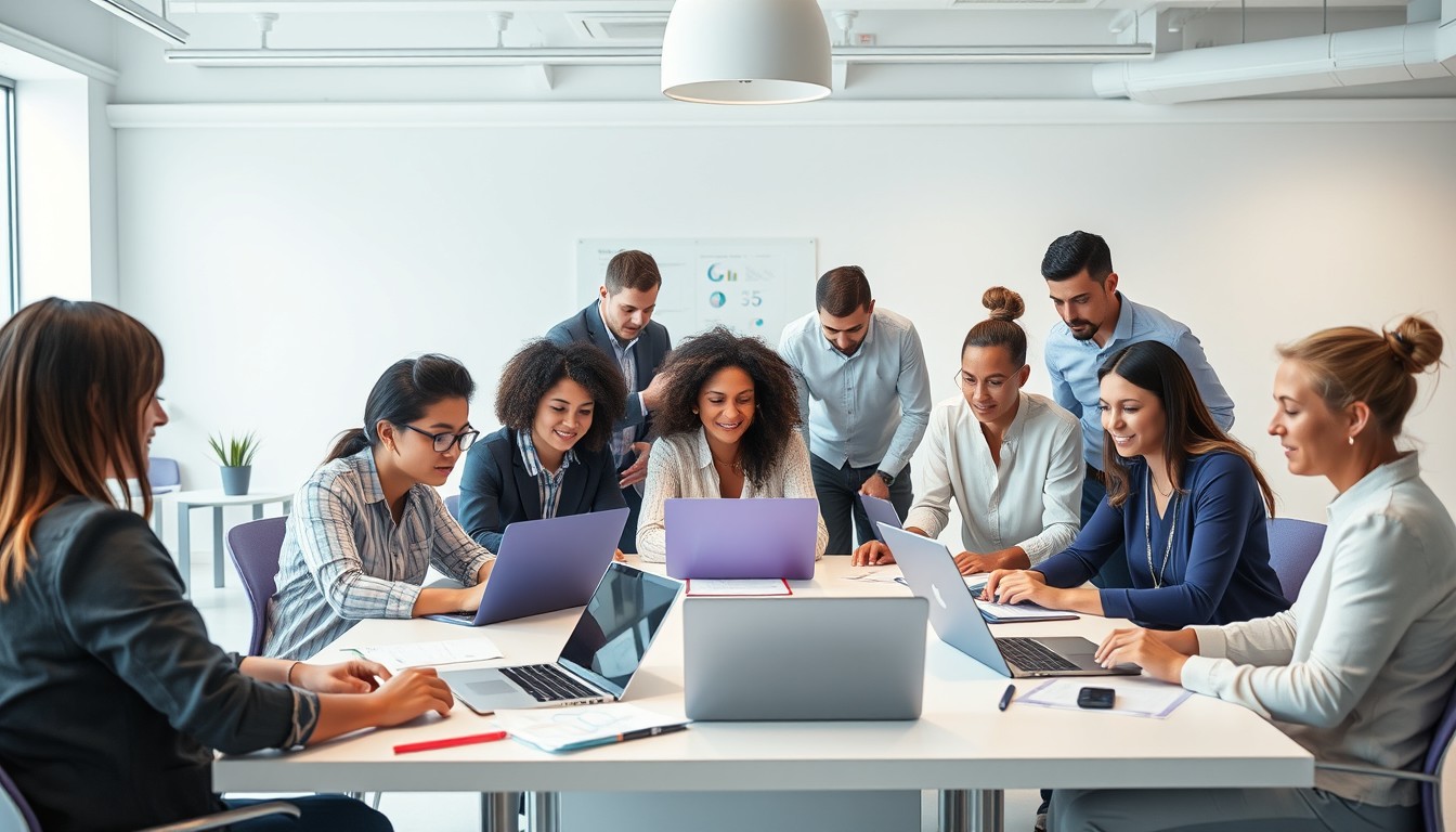 A diverse group of professionals collaborating around a table in a modern office, representing the teamwork and decision-making flexibility in private companies.
