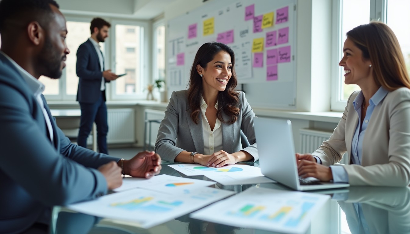 A business administrator leads a task planning session with a diverse team in a modern office, coordinating documents and workflows across departments.