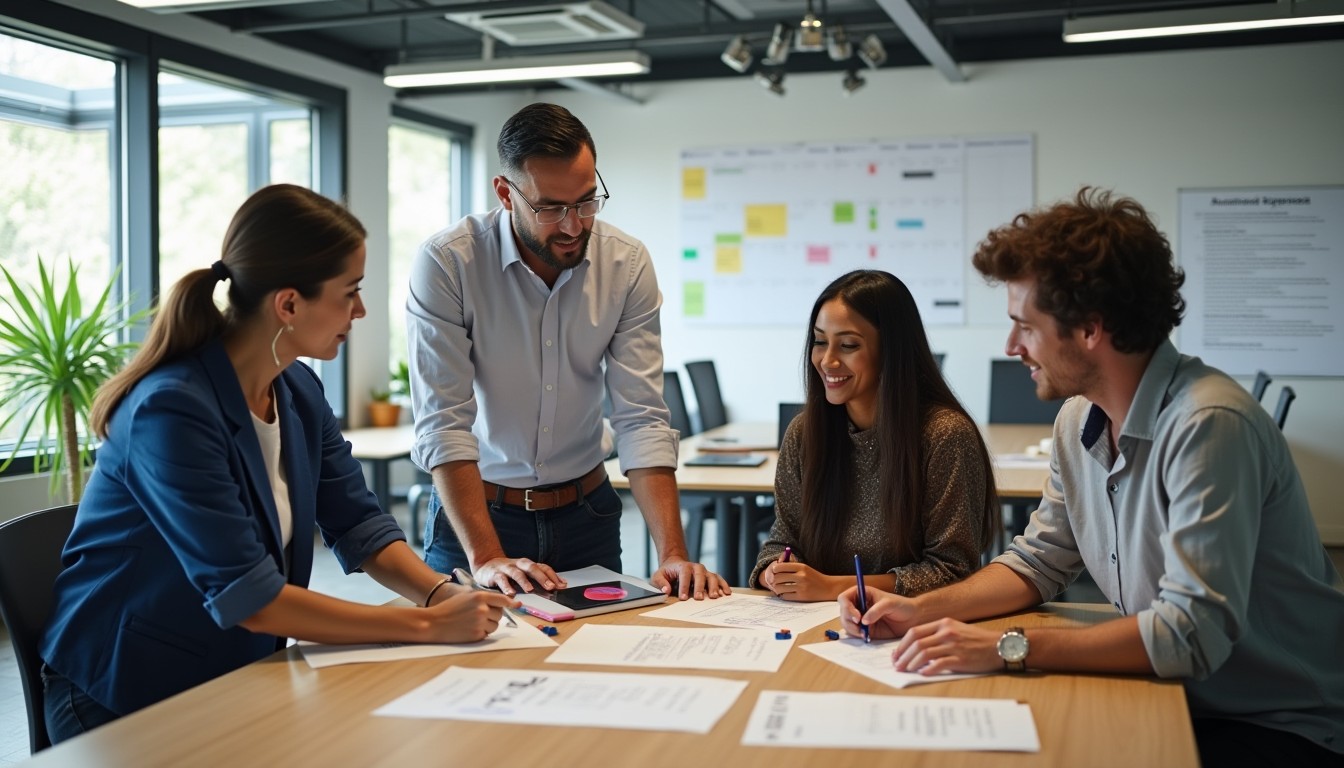 Business administrators and team members in a mid-sized office working together on operations and planning tasks using digital tools and shared goals.