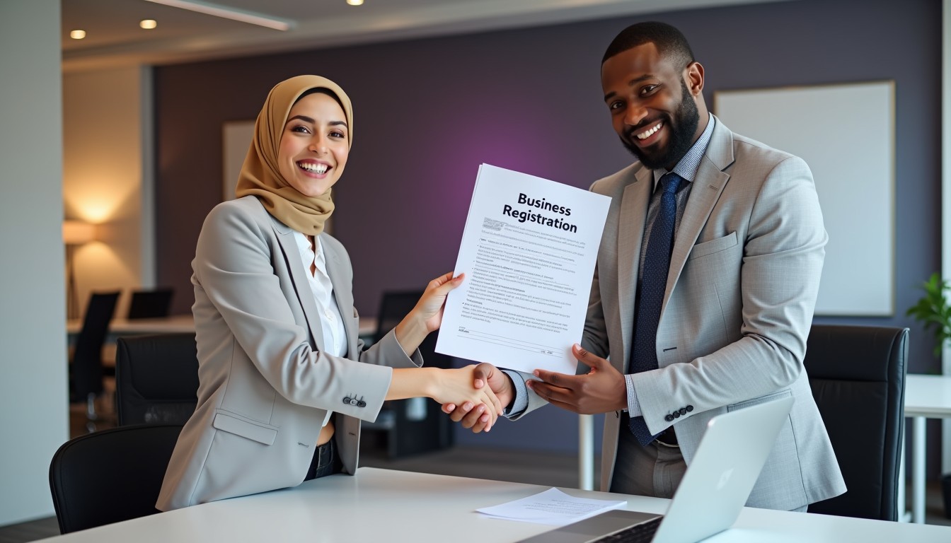 Two business owners celebrate their newly registered proprietary limited company in a modern office. One holds a document labelled "Business Registration."