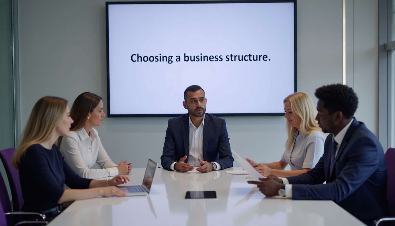 A diverse group of professionals in a boardroom discusses the corporate structure of a proprietary limited company. A director leads while a secretary and shareholder review documents.
