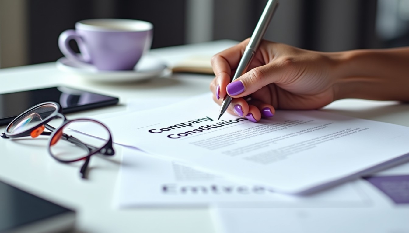 A businesswoman signs a company constitution document on a clean office desk highlighting legal requirements for a proprietary limited company.