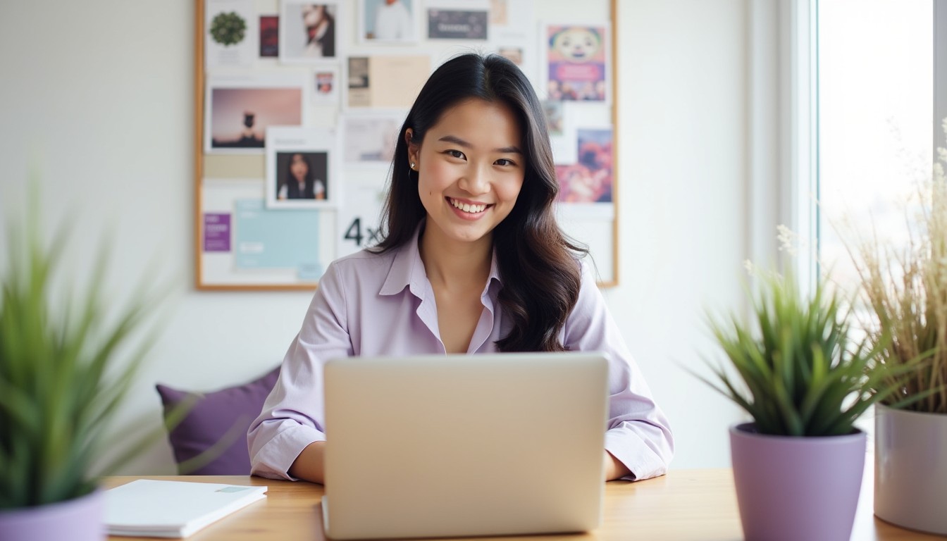A young East Asian woman working confidently at her home office after voluntary redundancy, starting her own small business in a bright, minimalist space.