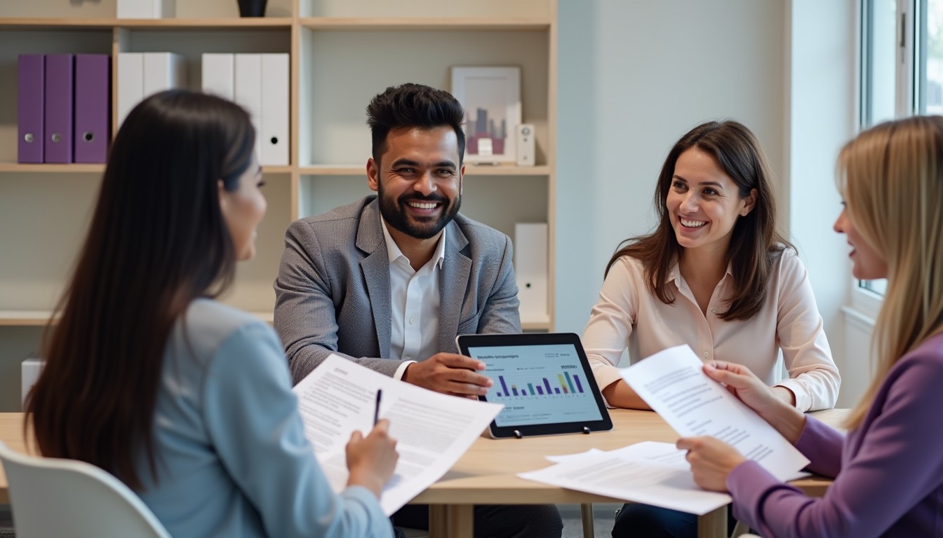 A diverse group of professionals in a modern office reviewing voluntary redundancy documents together during a team consultation meeting.