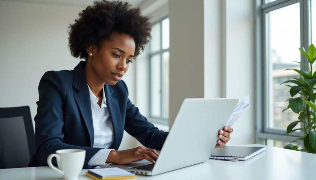 A professional reviewing financial documents at a clean desk, representing the preparation and focus needed to become an equity partner artwork