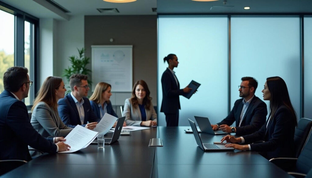 A split-screen showing equity partners collaborating on strategy and a salaried partner presenting a report, highlighting the differences between roles artwork