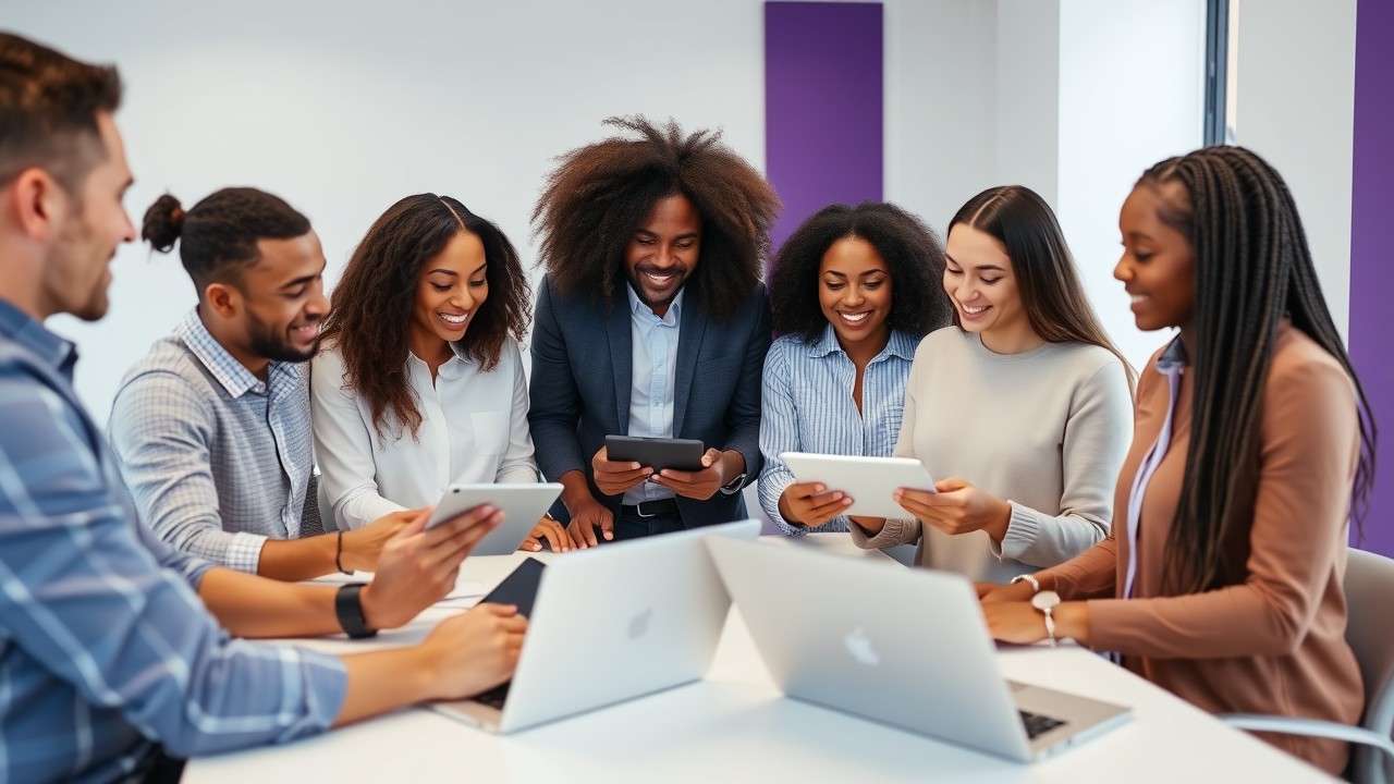 Diverse casual employees and managers discussing shift schedules in a bright, minimalist office, focusing on minimum shift hours.