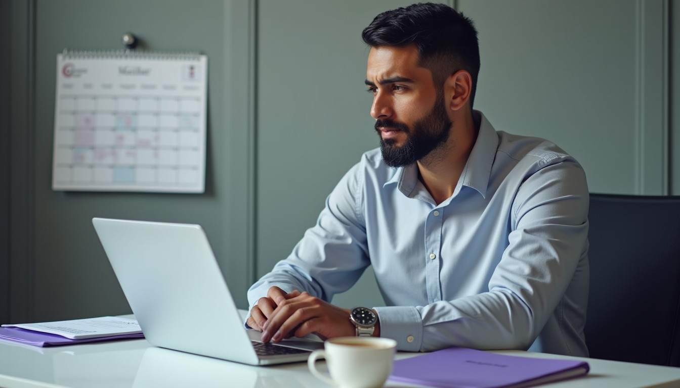 A business owner in a modern office finalizing their ABN cancellation on the ABR online services website, with a "Final Tax Return" document on their desk.