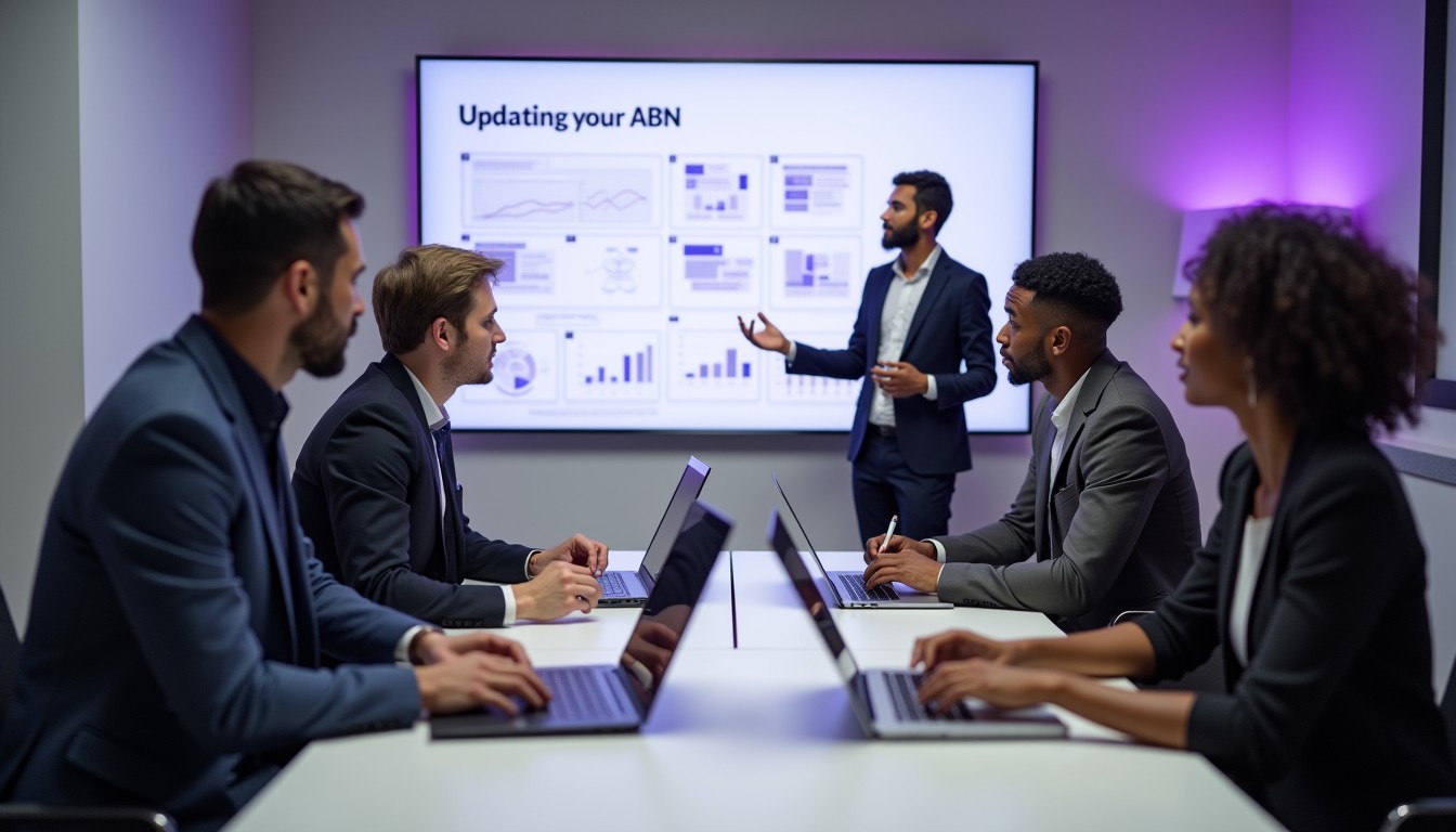 A diverse team of business professionals collaborating in a modern office, updating ABN details on a shared screen using.