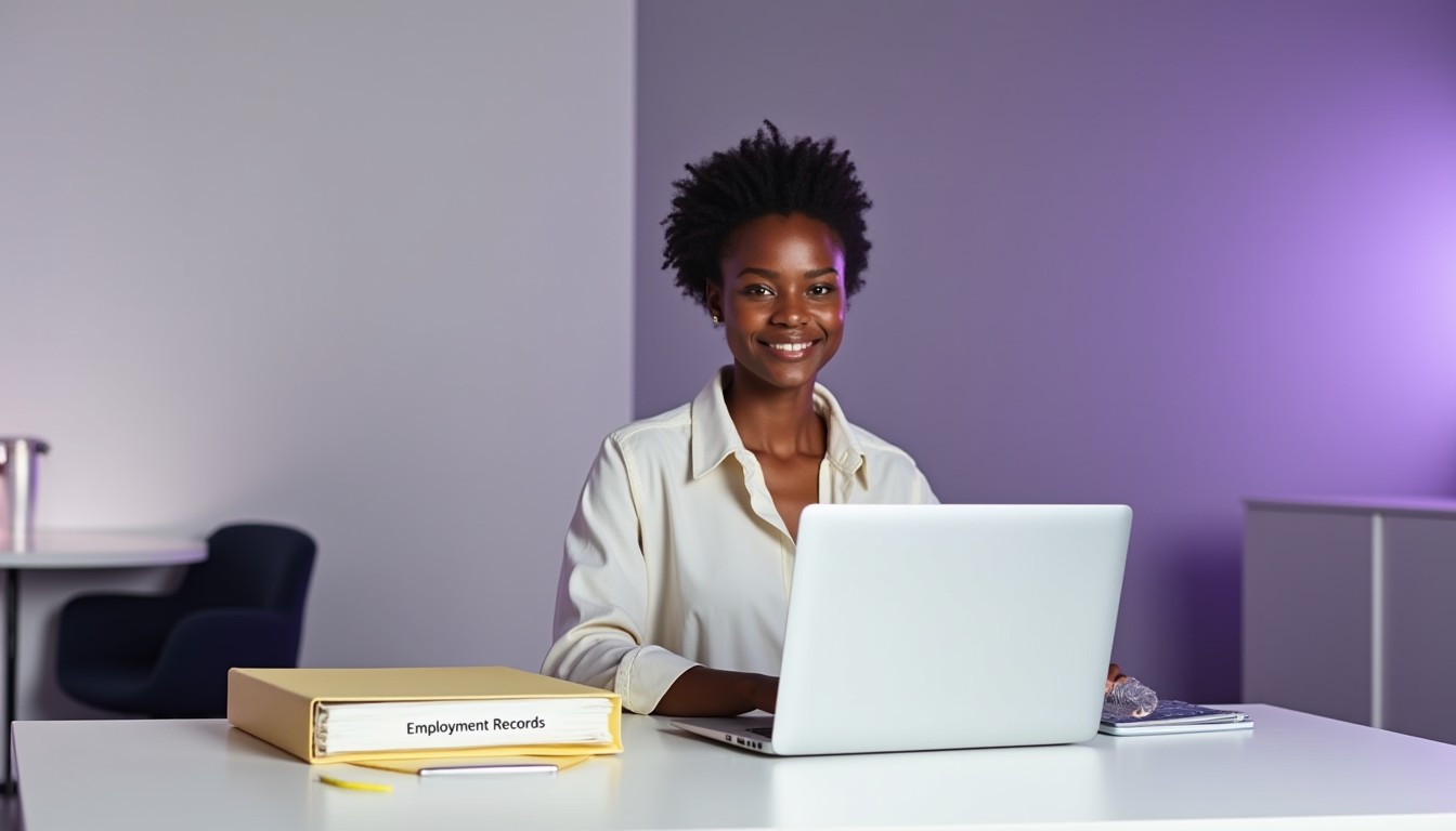 A woman of colour reviewing a resume and employment records at a modern desk, symbolising the importance of accurate and well-presented employment history for career growth.