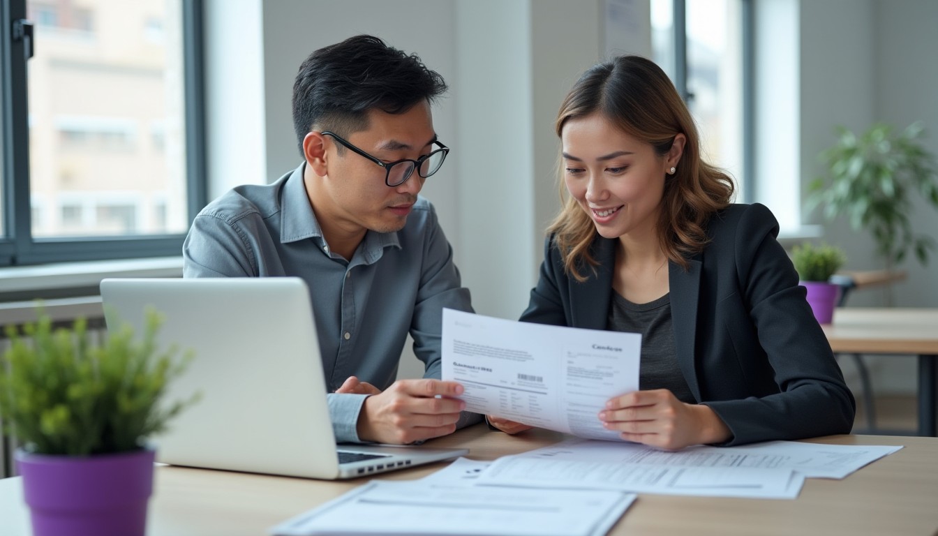 A man and woman of diverse ethnicities reviewing employment records, including payslips and tax documents, in a bright and modern office, highlighting steps to verify work history accurately.