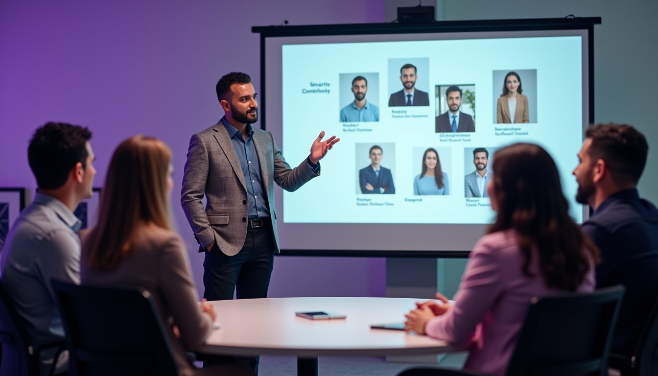 A professional of Middle Eastern descent presenting employee profiles on a screen to a diverse group of clients in a modern boardroom, illustrating how employment history can build trust and attract clients.