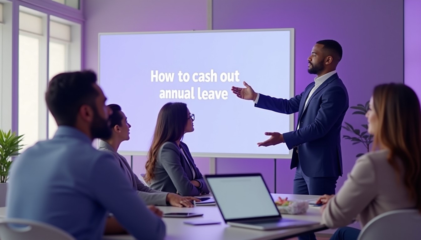 A diverse team of professionals in a modern office discusses annual leave options while looking at a digital screen displaying "How to cash out annual leave".