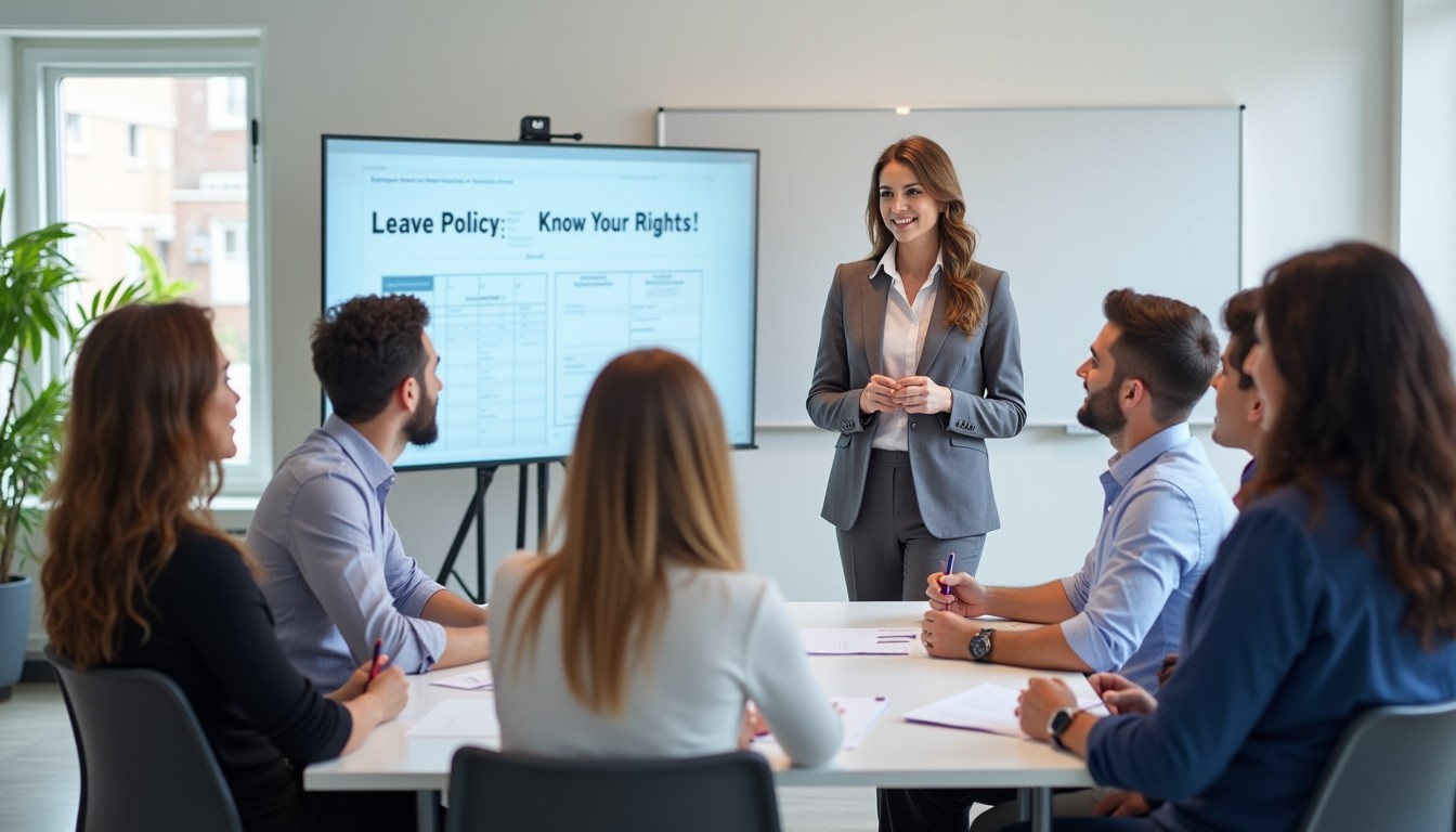 A HR manager leading a team meeting about annual leave cash-out policies, ensuring employees understand their rights and obligations in a professional office