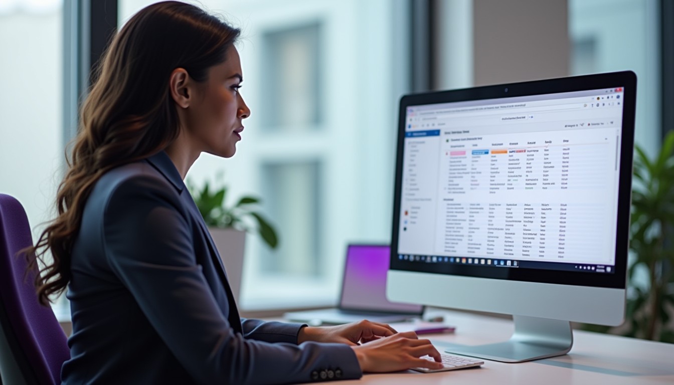 A HR manager in a modern office reviews an employee's excess annual leave balance on a digital screen, considering options for cashing out or directing leave.