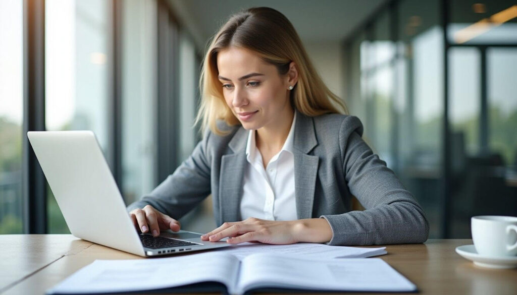 An administrator at a well-organised desk reviews financial documents on a laptop and takes notes artwork