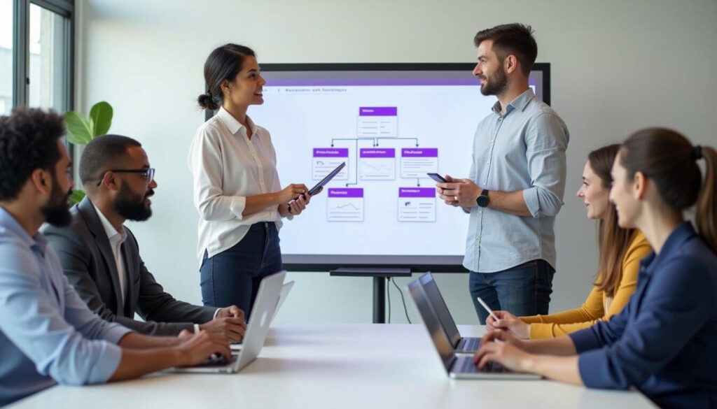 A diverse team in a modern office discusses administrative workflows, with one person presenting on a digital whiteboard artwork