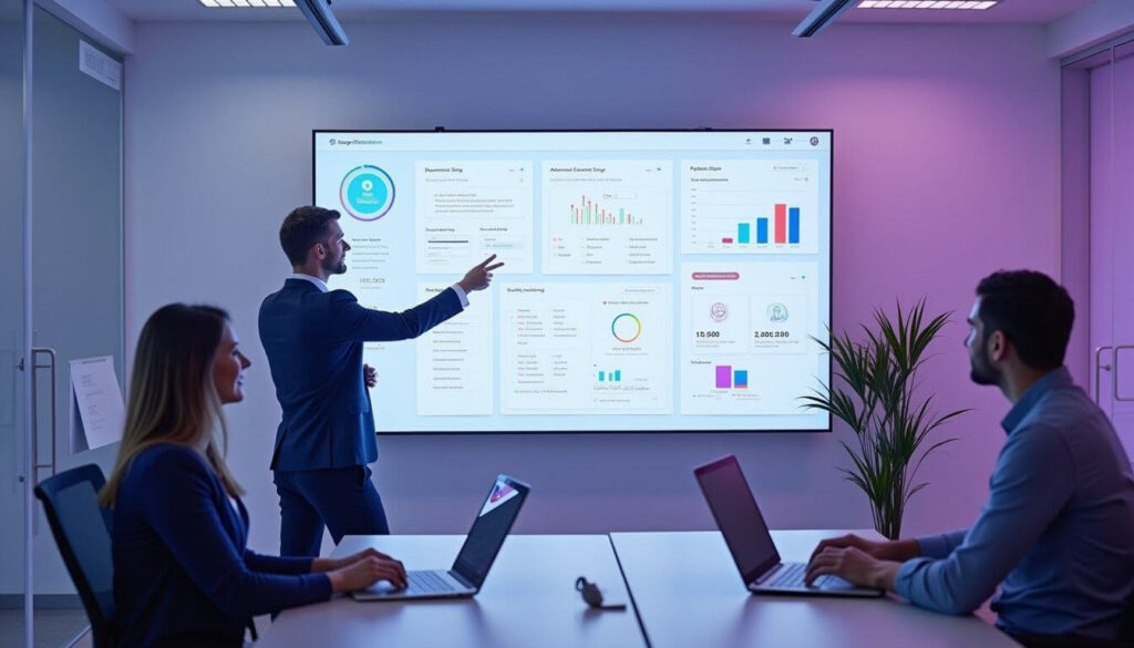 Two professionals in a modern office use automation software on a large screen to streamline administrative tasks artwork