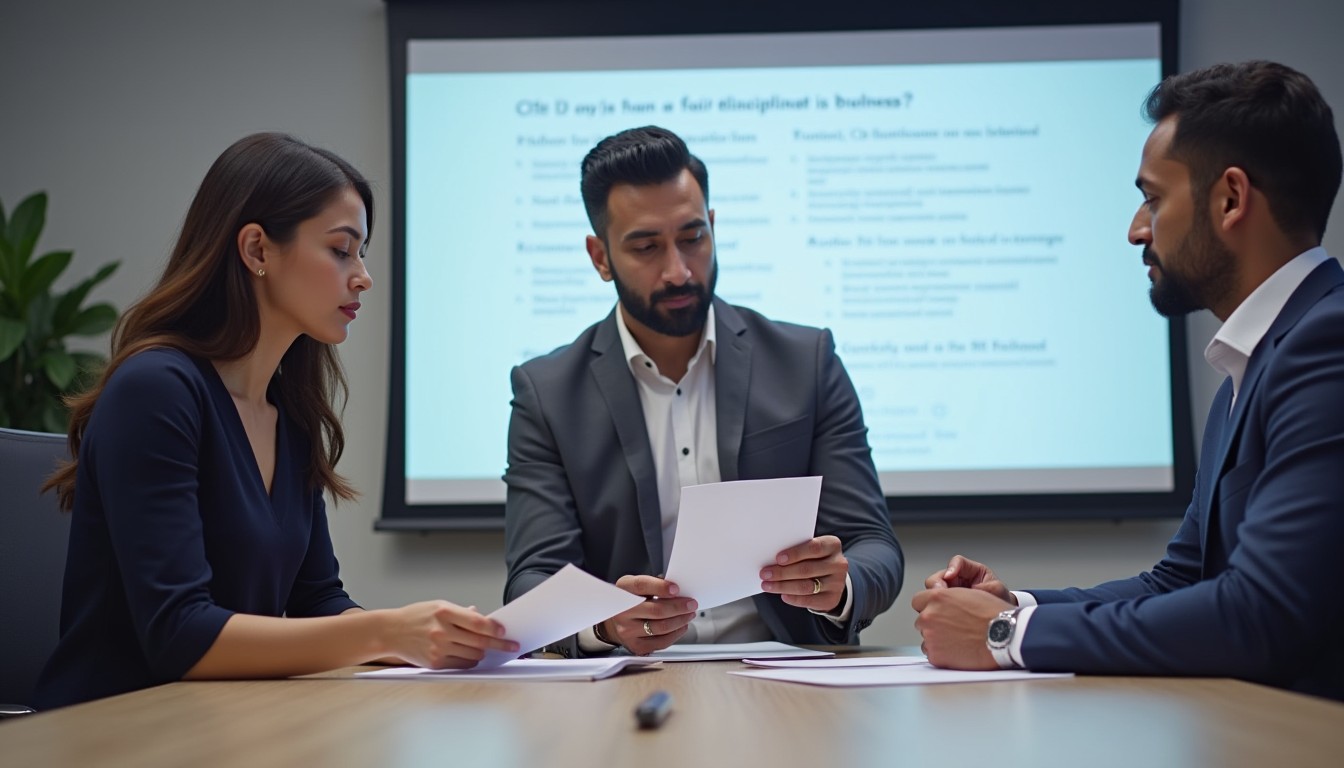 A HR professional hands a formal warning letter to an employee during a structured meeting. Another manager takes notes, reinforcing fair disciplinary action in a professional setting.