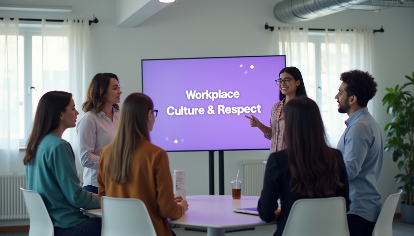 A diverse team collaborates in an open office, with a manager leading a discussion on workplace culture and respect. Employees engage positively, representing teamwork and strong leadership.