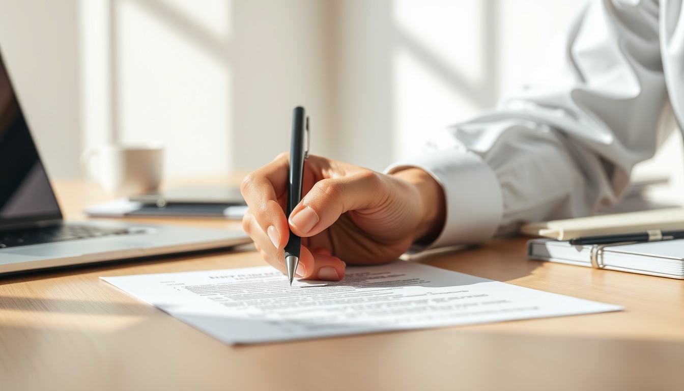 A focused individual, either male or female, of any ethnicity, using a laptop to sign a document electronically. The image represents the convenience and modernity of digital signatures.