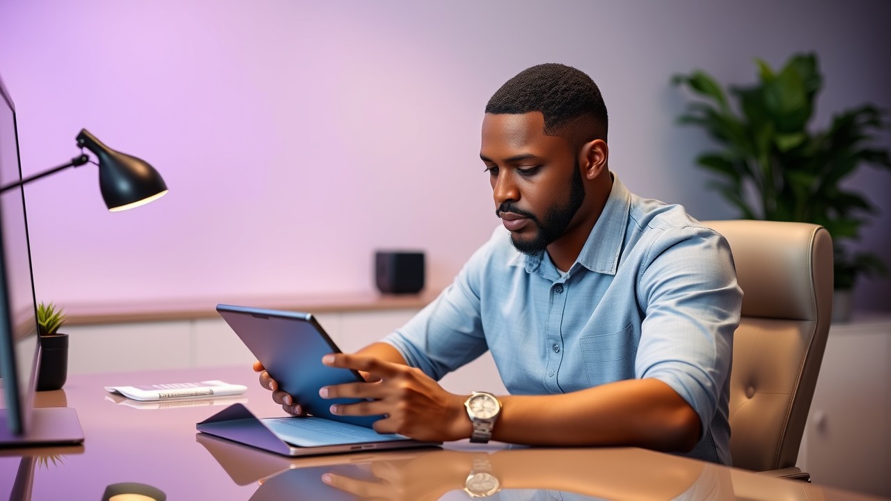 An African-American man efficiently managing his GST tax returns for Uber Eats using a tablet in a sleek, organized office with subtle purple accents.