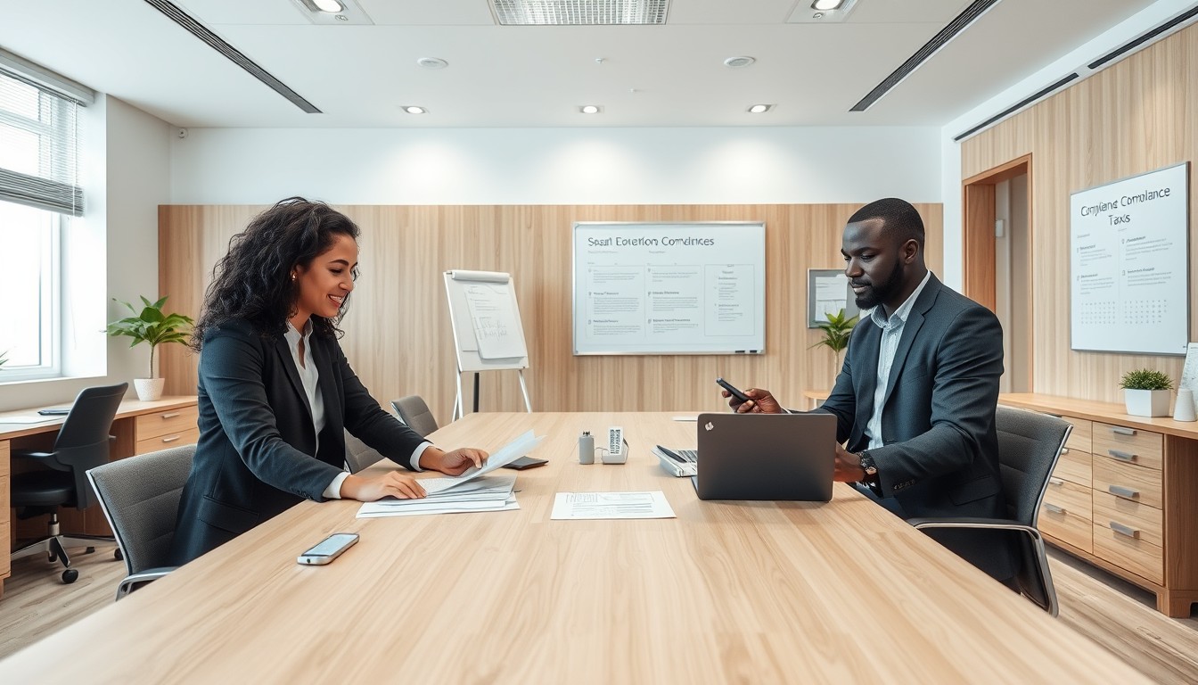 A diverse group of professionals in an office setting discussing the appointment of a public officer. Documents and laptops are central to their conversation, highlighting the importance of ensuring legal compliance.