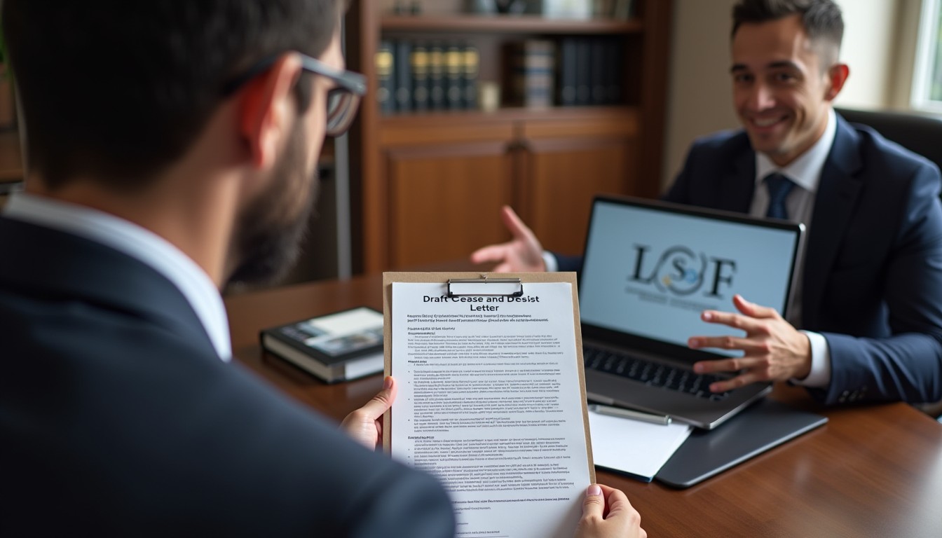 A lawyer in a professional office advises a business owner on enforcing intellectual property rights. A cease and desist letter and a laptop with IP enforcement terms are visible.