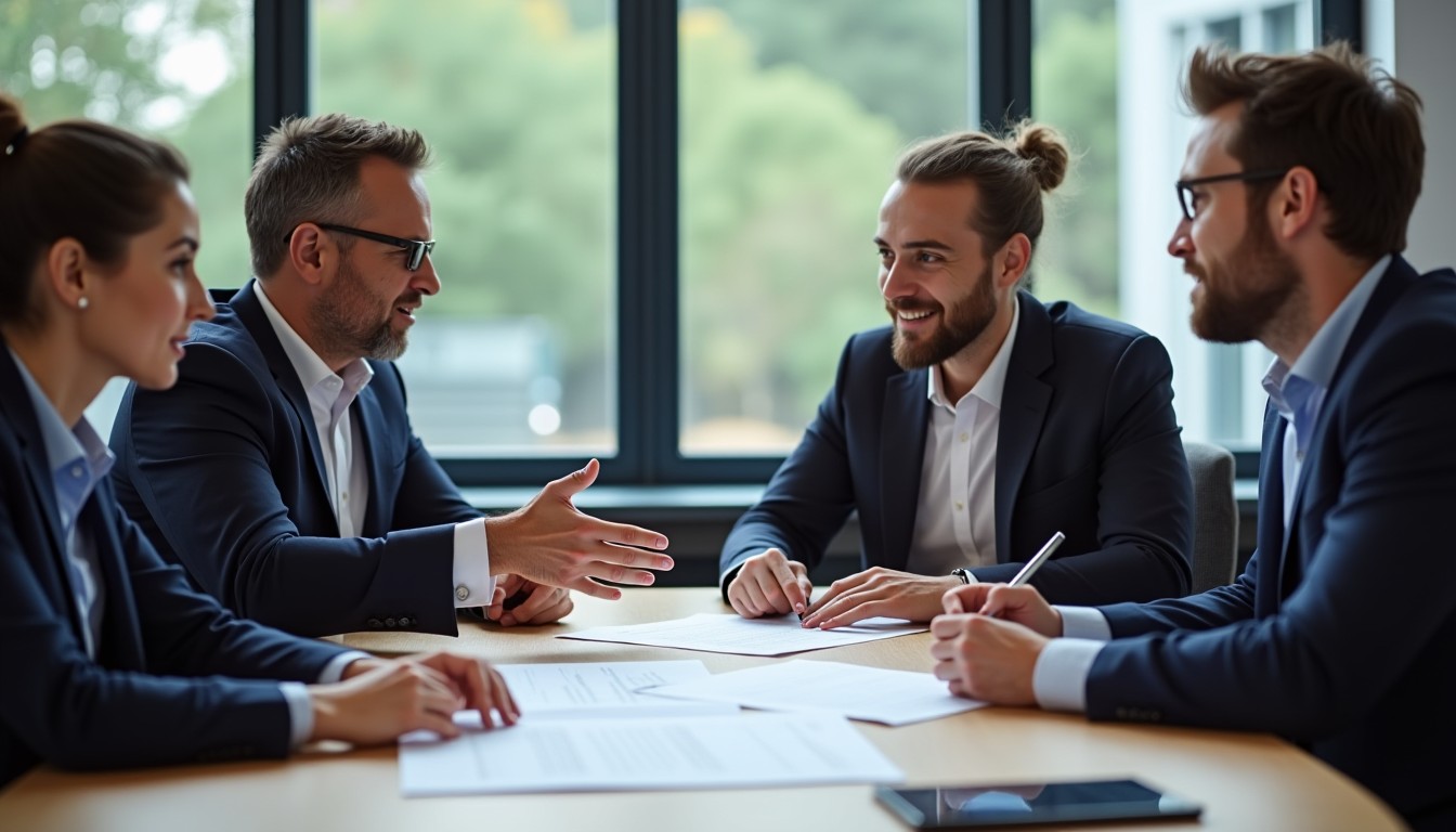 A lawyer in a meeting room explains an intellectual property protection contract to a business owner. A document labeled Non-Disclosure Agreement (NDA) is on the table.