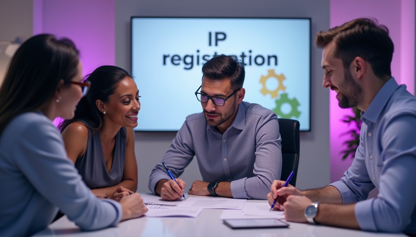 A diverse group of business professionals in a modern office discussing intellectual property protection. A digital screen displays IP registration while team members collaborate.