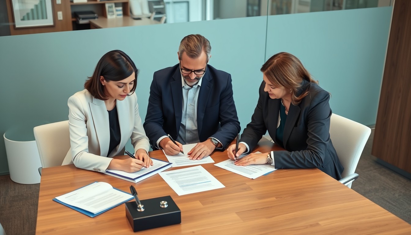 A lender, borrower, and third-party legal expert gathered around a modern office desk, reviewing and signing financial contracts and legal documents. The scene showcases focused collaboration, with papers, pens, and digital tools spread out, symbolizing financial and legal due diligence.