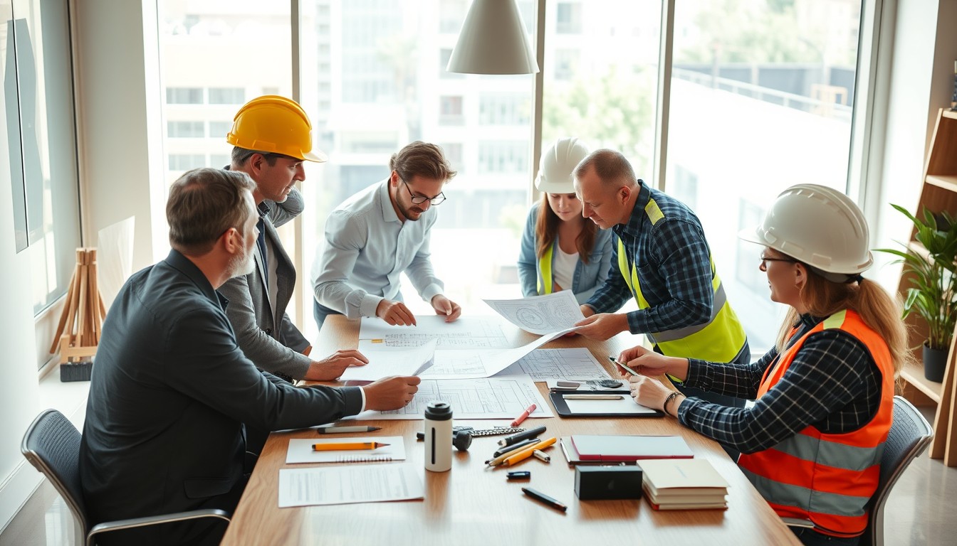 A diverse group of professionals—builders, financiers, and contractors—collaborating around a modern office table. They are actively engaged in discussion, with blueprints, project plans, and digital tools spread out in front of them, symbolizing teamwork and joint effort in a construction project.