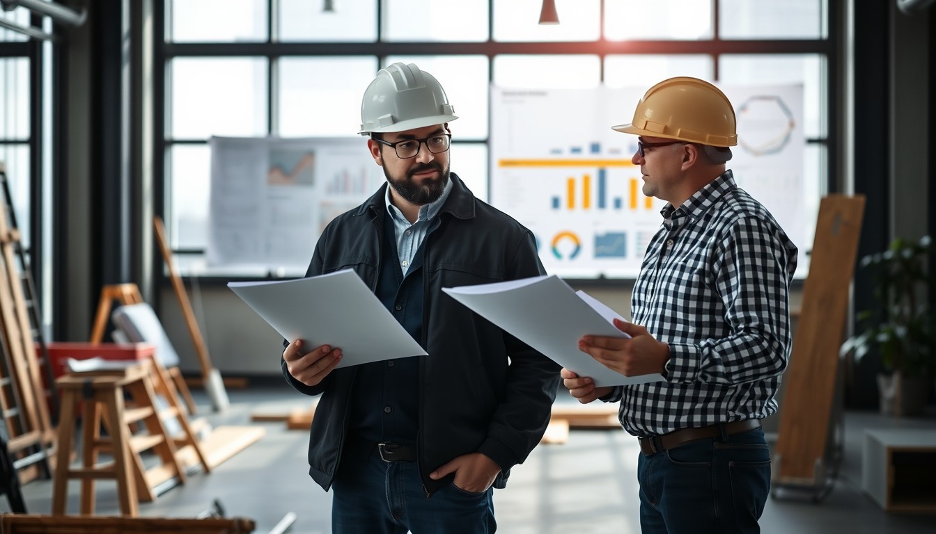 A builder and lender working together in a professional setting—either on a well-organized construction site or in a modern office. They are reviewing roles, responsibilities, and project deliverables, with documents, task lists, and progress charts displayed, symbolizing clear role definition and task execution.