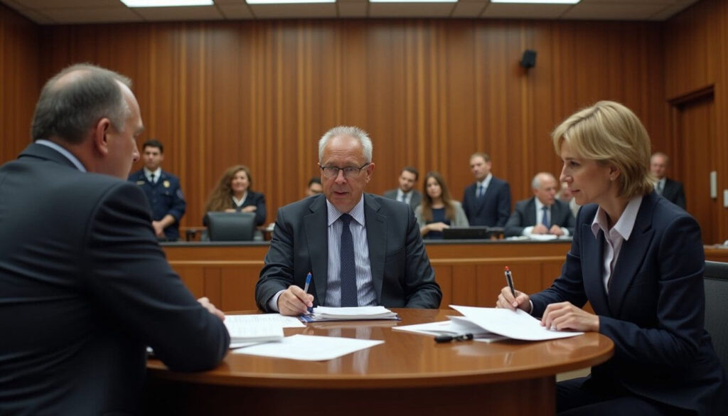 A courtroom scene with a magistrate, lawyers, and a witness giving evidence during a hearing artwork