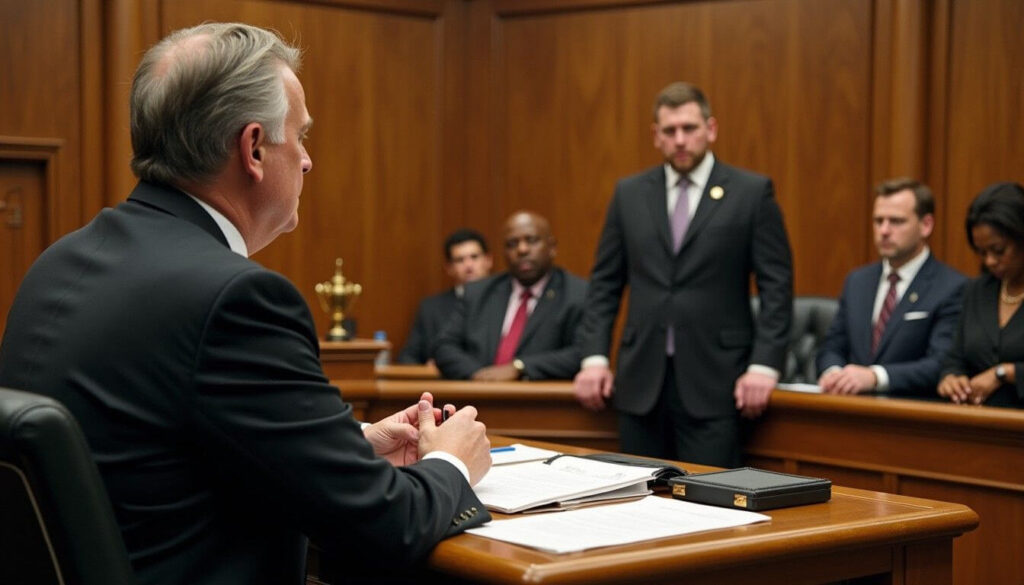 A judge delivering a ruling at a final hearing with a jury, lawyers, and a court officer present artwork